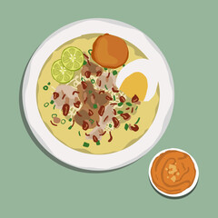 Chicken Soto or Soto Ayam in Indonesia is a traditional Indonesian dish which uses ingredients such as chicken, vermicelli,bean sprout with turmeric as main ingredient. Food illustration, food cartoon