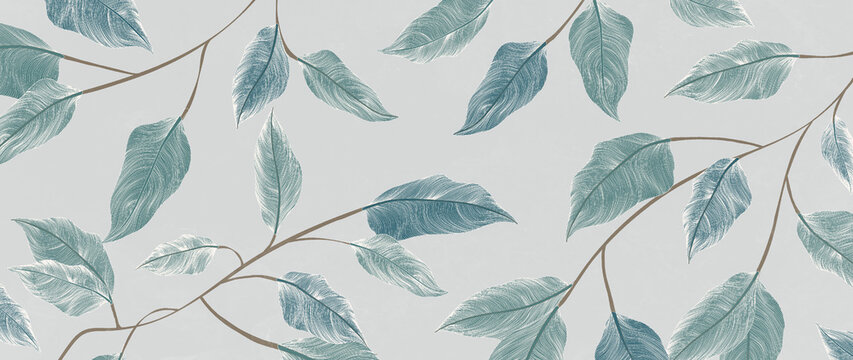 Abstract art background with tree leaves hand drawn in art line style. Botanical light banner in blue and green colors for decoration, print, wallpaper, textile, interior design.