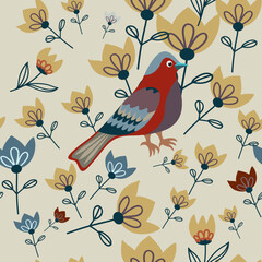 Seamless pattern with a bird and flowers. Vector file for designs.