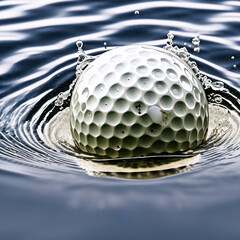 Isolated wet golf ball partially submerged underwater with dramatic turbulent water splashes and bubbles against a white background with custom ball design produced by using Generative AI