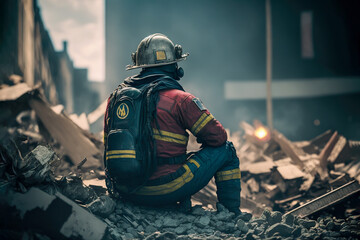 Fototapeta na wymiar Brave Fighter: A fireman tired and sad sitting on collapsed rubble, Generative AI