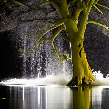 Tree partially submerged underwater by flood water with waterfall splashes and turbulent bubbles in a forest against a black background with widespread flooding produced by using Generative AI