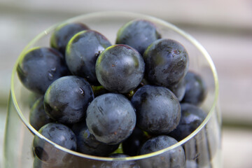 Close view of a wine glass filled with blue grapes