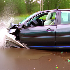Blue sedan car crash accident in flooded roadway with huge splash of water scene of destruction with broken car parts for metaphor for sudden catastrophic disaster produced by using Generative AI