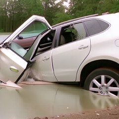 Fototapeta premium White SUV car crash accident into the lake with huge splash of water scene of destruction with twisted broken car parts for metaphor for sudden catastrophic disaster produced by using Generative AI