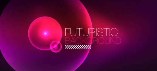 Shiny neon geometric abstract background. Glowing lights on round shapes, triangles and circles. Wallpaper for concept of AI technology, blockchain, communication, 5G, science, business