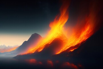 Fototapeta na wymiar Landscape of a burning mountain with dark background