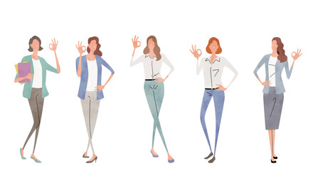 Obraz premium ベクターイラスト素材：OKサインを出す女性人物セット、ビジネス