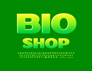 Vector eco Emblem Bio Shop. Green Glossy Font. Artistic Alphabet Letters, Numbers and Symbols