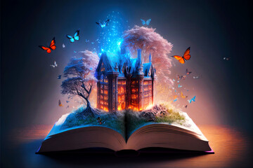 An opened magical book with a realistic castle in a fairy tale environment, Generative AI © EKH-Pictures