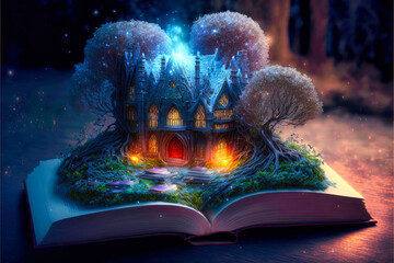 An opened magical book with a realistic castle in a fairy tale environment, Generative AI