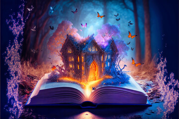 An opened magical book with a realistic castle in a fairy tale environment, Generative AI © EKH-Pictures