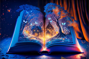 An opened magical book with a realistic castle in a fairy tale environment, Generative AI © EKH-Pictures