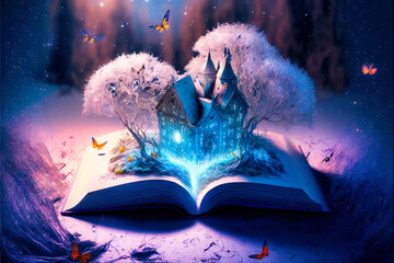 An opened magical book with a realistic castle in a fairy tale environment, Generative AI © EKH-Pictures
