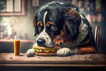 Hungry dog sitting at the table eating an appetizing burger. Generative AI