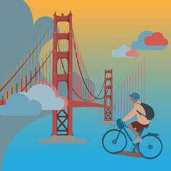 Golden Gate Bridge of San Francisco California. Leisure biker on a yellow-blue sunny day, isolated vector & layer illustration for poster, wall art, sticker and any souvenir.