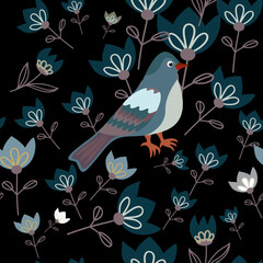 Seamless pattern with bird and flowers.  Vector file for designs.