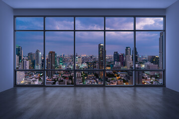 Plakat Empty room Interior Skyscrapers View Bangkok. Downtown City Skyline Buildings from High Rise Window. Beautiful Expensive Real Estate overlooking. Night time. 3d rendering.
