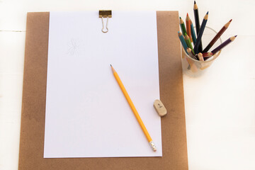 paper, crayon colorful stick for drawing arrangement flat lay style on background white 