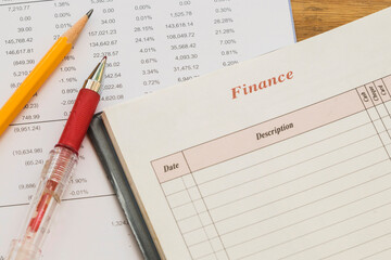 book financial, statement balance sheet accounting for business work  arrangement flat lay style on background wooden 