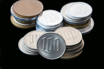 coins money for pay arrangement flat lay style on background black