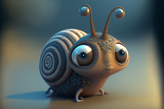 A cartoon snail with big eyes in winter, Generative AI