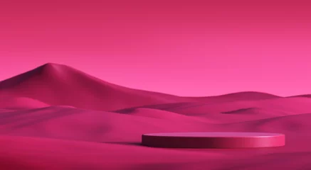 Landscape mountain or hill, sand dunes, sky display circle podium viva Magenta or ruddy color luxury backdrop. showcase product stage. Pedestal hot pink of cosmetic skincare, fashion. 3D Illustration.