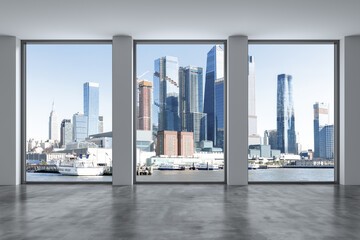 Fototapeta na wymiar Midtown New York City Manhattan Skyline Buildings from High Rise Window. Beautiful Expensive Real Estate. Empty room Interior Skyscrapers View Cityscape. Day time. Hudson Yards West Side. 3d rendering