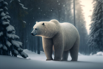 A polar bear standing in the snow with trees in the background, Generative AI