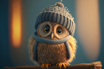 A small owl with big eyes wearing a knitted hat, Generative AI