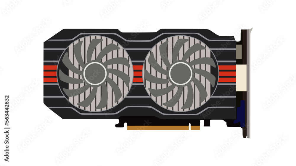 Poster dual fan computer gaming graphic card or computer vga card in simple black and red color, vector ill