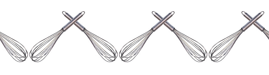 Seamless rim with watercolor whisk on white background. Hand-drawn kitchen equipment for cooking dessert or meal. Handle blender or mixer. Border for cookbook or wallpaper, wrapping. Tool for food
