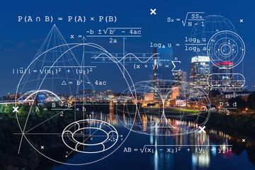 Panoramic view of Broadway district of Nashville over Cumberland River at illuminated night skyline, Tennessee, USA. Education concept. Academic research, top ranking universities, hologram