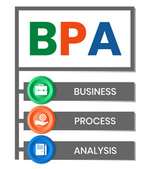 BPA - Business Process Analysis acronym. business concept background. vector illustration concept with keywords and icons. lettering illustration with icons for web banner, flyer, landing page