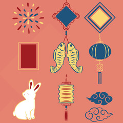 Lunar New Year illustration set, bacground,icon, ornamen. Chinese New Year,Happy New Year, congratulation