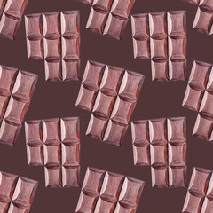 Seamless pattern watercolor bitter chocolate on brown background. Hand-drawn dessert for kitchen or cookbook. Ingredient cocoa for cooking sweet food or drink beverage. Art for wrapping and wallpaper