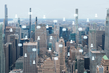 Aerial panoramic city view of Upper Manhattan and Central Park, New York city, USA. Iconic skyscrapers of NYC. Social media hologram. Concept of networking and establishing new people connections