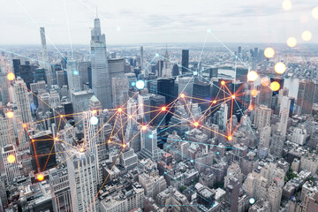Obraz na płótnie Canvas Aerial panoramic city view of Upper Manhattan, the East Side, river and Brooklyn on horizon, New York city, USA. Social media hologram. Concept of networking and establishing new people connections