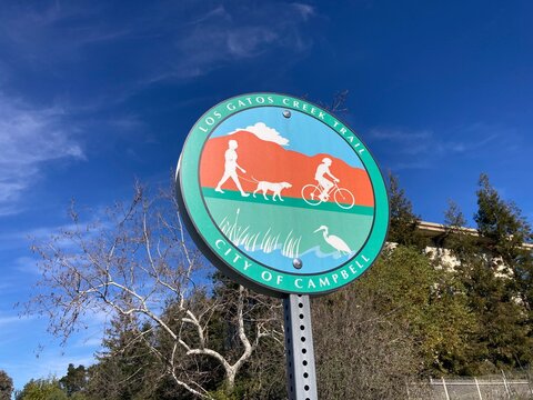 Los Gatos Creek Trail Sign. Blue Sky - Campbell, California, USA - January, 2023