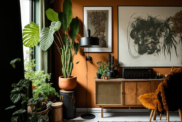 Modern living room interior design with plants Generative AI