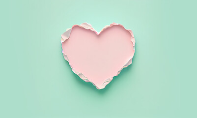 Naklejka na ściany i meble Minimal pink ripped paper hole heart shaped on green pastel background. Generative AI.