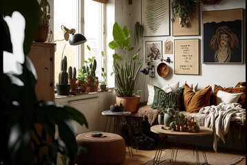 Modern living room interior design with plants Generative AI
