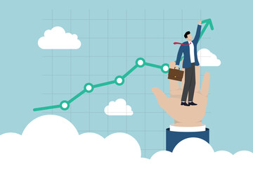 Financial market, investment earning or money management analysis, economic growth, stock exchange market report concept, businessman investor holding money coin analyze financial graph and chart.