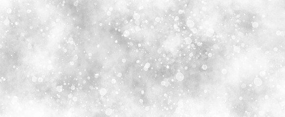 Clear and shiny white or grey background with bubbles and snowflakes, beautiful white watercolor background with glitter particles, white bokeh background for wallpaper, invitation, cover and design.	