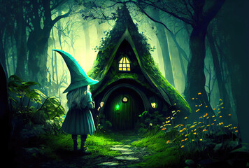 Dwarf elf in the magical forest with green vintage hut background. Generative AI - obrazy, fototapety, plakaty