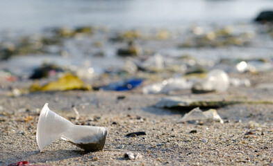 A lot of trash on the beach, plastic cups, and plastic bags. Marine debris is one of the world's...