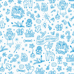 Merry Christmas. Christmas seamless pattern. Blue Holiday background. Winter Endless texture. Hand Drawn Doodles illustration.