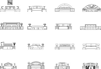 set of icons sketch vector illustration of black and white bed front view