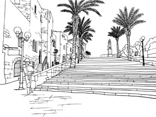 Nice view of the Old Jaffa, Tel Aviv, Israel. Hand drawn sketch. Line art. Urban sketch. Vector illustration on white. Vintage Postcards style. Urban landscape without people.
