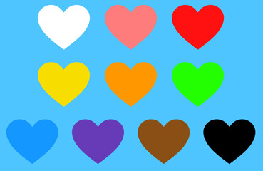 vector set of love or hearts in various colors. white, pink, red, yellow, orange, green, blue, purple, brown, black. light blue background
